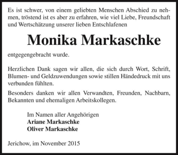 Traueranzeige von Monika Markaschke  von Magdeburger Volksstimme