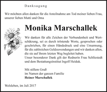 Traueranzeige von Monika Marschallek  von Magdeburger Volksstimme