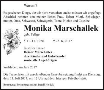 Traueranzeige von Monika Marschallek (geb. Tellge)  von Magdeburger Volksstimme