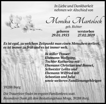 Traueranzeige von Monika Martolock (geb. Richter)  von Magdeburger Volksstimme