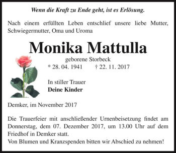 Traueranzeige von Monika Mattulla (geb. Storbeck)  von Magdeburger Volksstimme