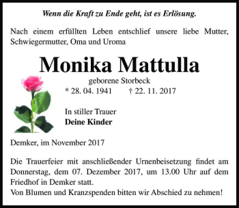 Traueranzeige von Monika Mattulla (geb. Storbeck)  von Magdeburger Volksstimme