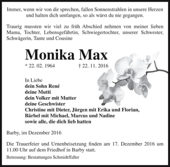 Traueranzeige von Monika Max  von Magdeburger Volksstimme