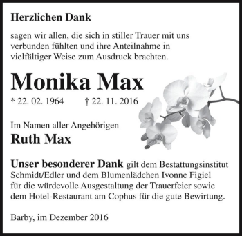 Traueranzeige von Monika Max  von Magdeburger Volksstimme
