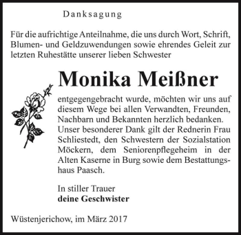 Traueranzeige von Monika Meißner  von Magdeburger Volksstimme