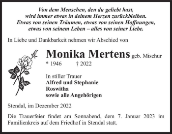 Traueranzeige von Monika Mertens (geb. Mischur)  von Magdeburger Volksstimme