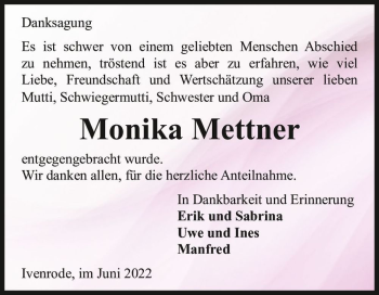 Traueranzeige von Monika Mettner  von Magdeburger Volksstimme