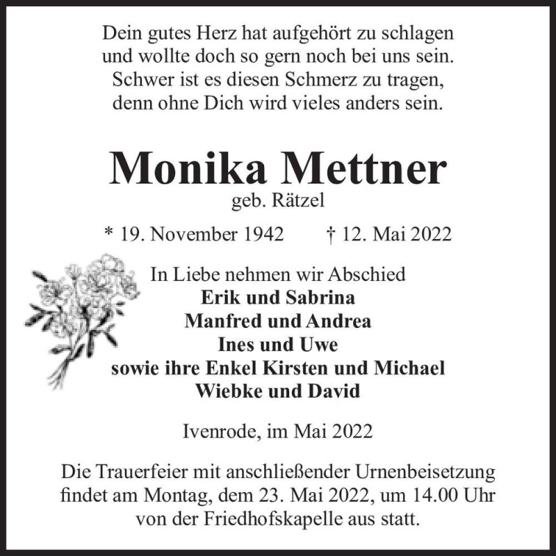  Traueranzeige für Monika Mettner (geb. Rätzel)  vom 17.05.2022 aus Magdeburger Volksstimme