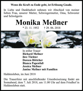 Traueranzeige von Monika Meßner  von Magdeburger Volksstimme