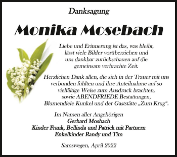 Traueranzeige von Monika Mosebach  von Magdeburger Volksstimme