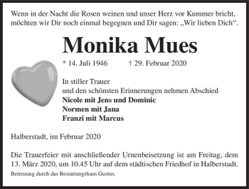 Traueranzeige von Monika Mues  von Magdeburger Volksstimme
