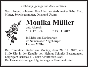 Traueranzeige von Monika Müller (geb. Albrecht)  von Magdeburger Volksstimme