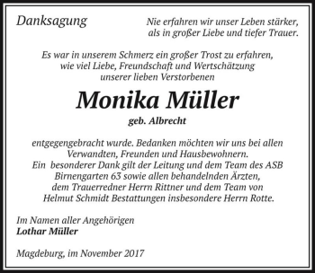 Traueranzeige von Monika Müller (geb. Albrecht)  von Magdeburger Volksstimme