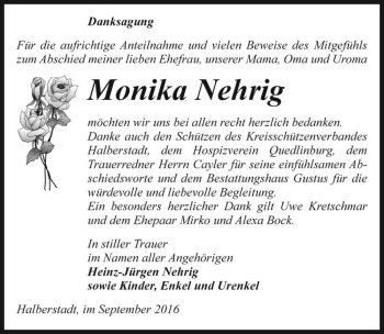 Traueranzeige von Monika Nehrig  von Magdeburger Volksstimme
