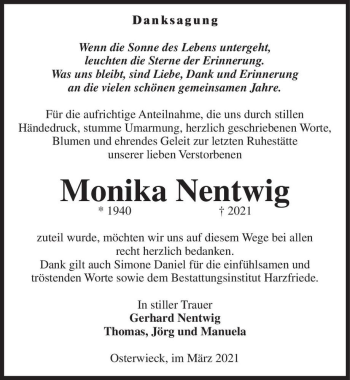 Traueranzeige von Monika Nentwig  von Magdeburger Volksstimme