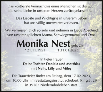 Traueranzeige von Monika Nest (geb. Zirm)  von Magdeburger Volksstimme