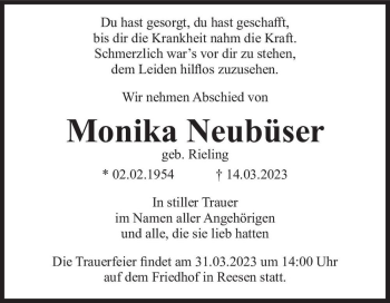 Traueranzeige von Monika Neubüser (geb. Rieling)  von Magdeburger Volksstimme