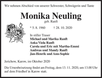 Traueranzeige von Monika Neuling (geb. Ranft)  von Magdeburger Volksstimme
