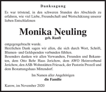 Traueranzeige von Monika Neuling (geb. Ranft)  von Magdeburger Volksstimme