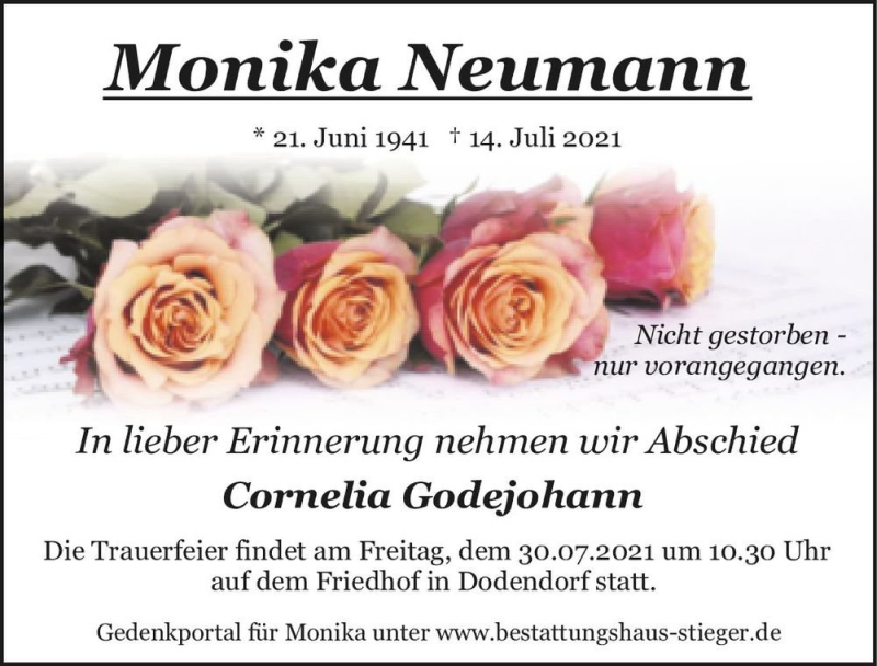  Traueranzeige für Monika Neumann  vom 24.07.2021 aus Magdeburger Volksstimme