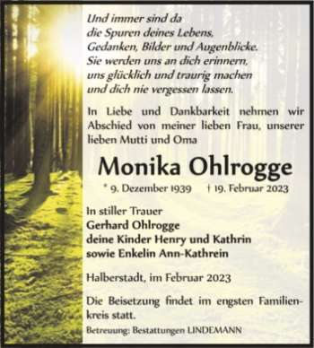 Traueranzeige von Monika Ohlrogge  von Magdeburger Volksstimme