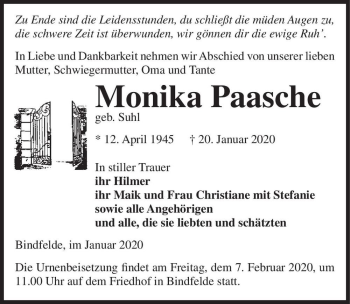 Traueranzeige von Monika Paasche (geb. Suhl)  von Magdeburger Volksstimme
