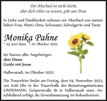 Traueranzeige von Monika Pahne  von Magdeburger Volksstimme