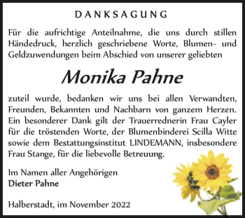Traueranzeige von Monika Pahne  von Magdeburger Volksstimme