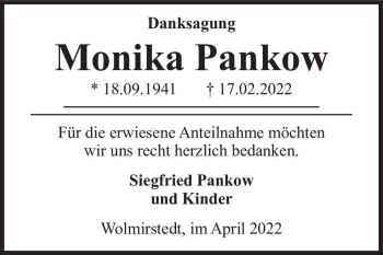 Traueranzeige von Monika Pankow  von Magdeburger Volksstimme