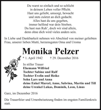 Traueranzeige von Monika Pelzer  von Magdeburger Volksstimme