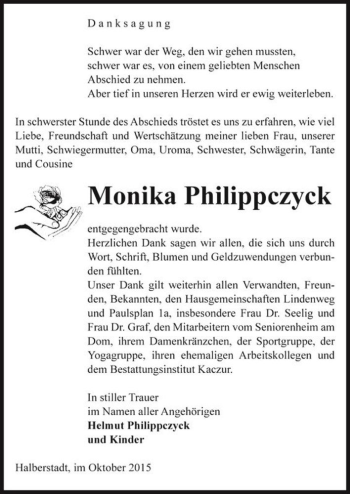 Traueranzeige von Monika Philippczyck  von Magdeburger Volksstimme