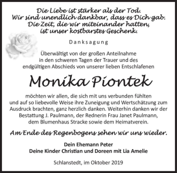 Traueranzeige von Monika Piontek  von Magdeburger Volksstimme