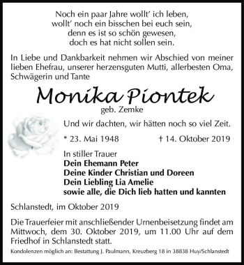 Traueranzeige von Monika Piontek (geb. Zemke)  von Magdeburger Volksstimme