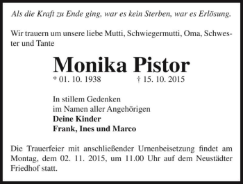 Traueranzeige von Monika Pistor  von Magdeburger Volksstimme