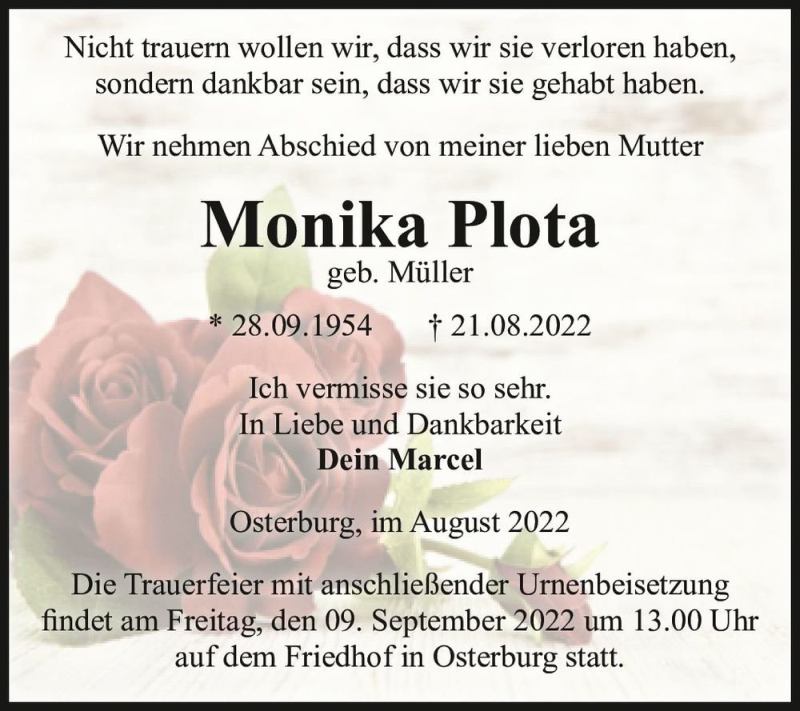  Traueranzeige für Monika Plota (geb. Müller)  vom 03.09.2022 aus Magdeburger Volksstimme