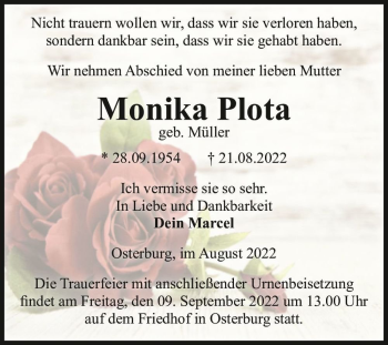 Traueranzeige von Monika Plota (geb. Müller)  von Magdeburger Volksstimme