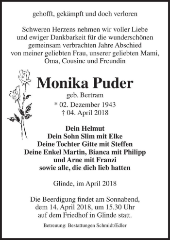 Traueranzeige von Monika Puder (geb. Bertram)  von Magdeburger Volksstimme