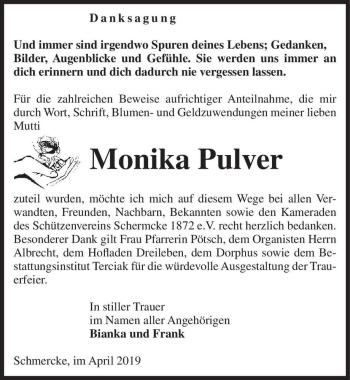 Traueranzeige von Monika Pulver  von Magdeburger Volksstimme