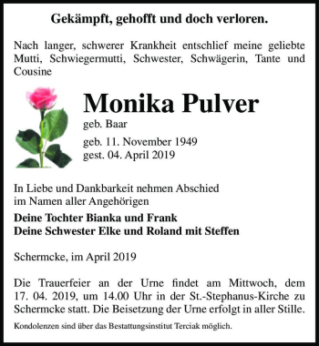 Traueranzeige von Monika Pulver (geb. Baar)  von Magdeburger Volksstimme