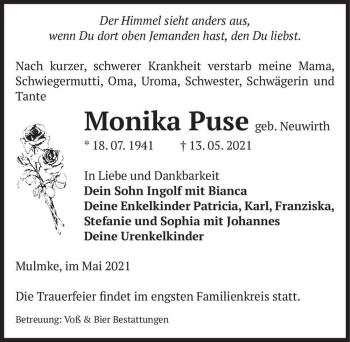 Traueranzeige von Monika Puse (geb. Neuwirth)  von Magdeburger Volksstimme