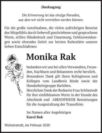 Traueranzeige von Monika Rak  von Magdeburger Volksstimme