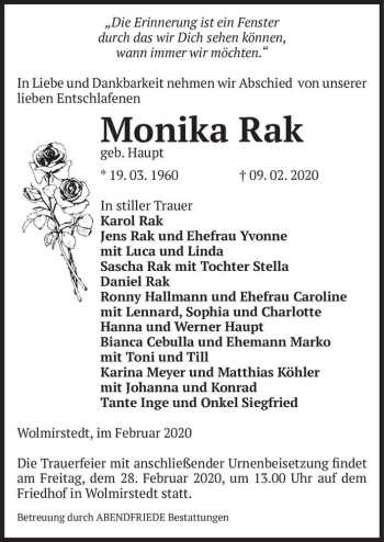 Traueranzeige von Monika Rak (geb. Haupt)  von Magdeburger Volksstimme