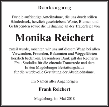 Traueranzeige von Monika Reichert  von Magdeburger Volksstimme