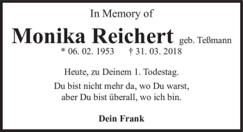 Traueranzeige von Monika Reichert (geb. Teßmann)  von Magdeburger Volksstimme