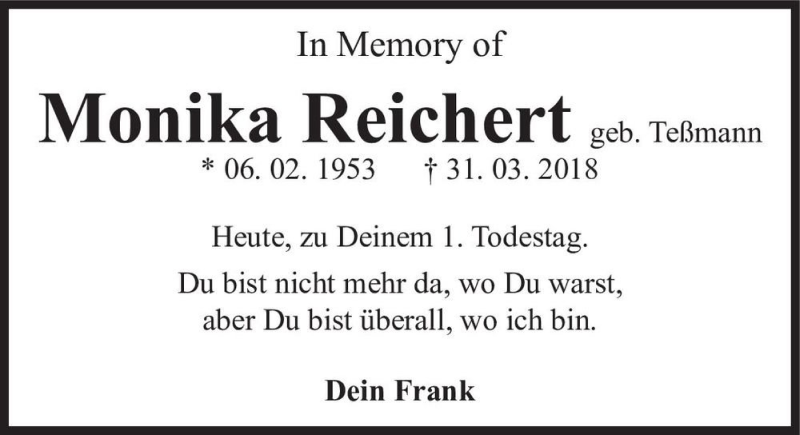  Traueranzeige für Monika Reichert (geb. Teßmann)  vom 30.03.2019 aus Magdeburger Volksstimme