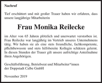 Traueranzeige von Monika Reilecke  von Magdeburger Volksstimme