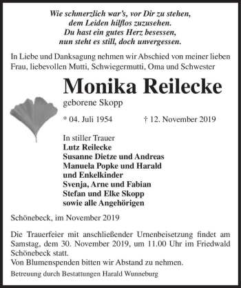Traueranzeige von Monika Reilecke (geb. Skopp)  von Magdeburger Volksstimme