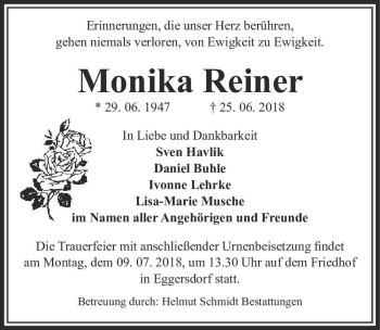 Traueranzeige von Monika Reiner  von Magdeburger Volksstimme
