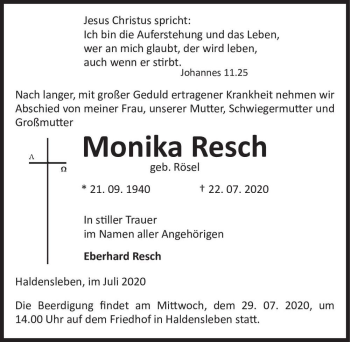 Traueranzeige von Monika Resch (geb. Rösel)  von Magdeburger Volksstimme
