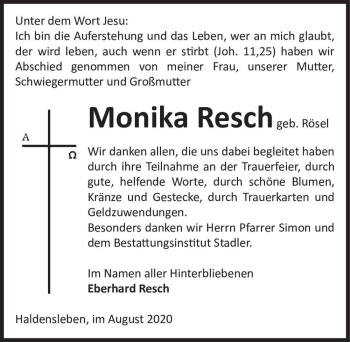 Traueranzeige von Monika Resch (geb. Rösel)  von Magdeburger Volksstimme